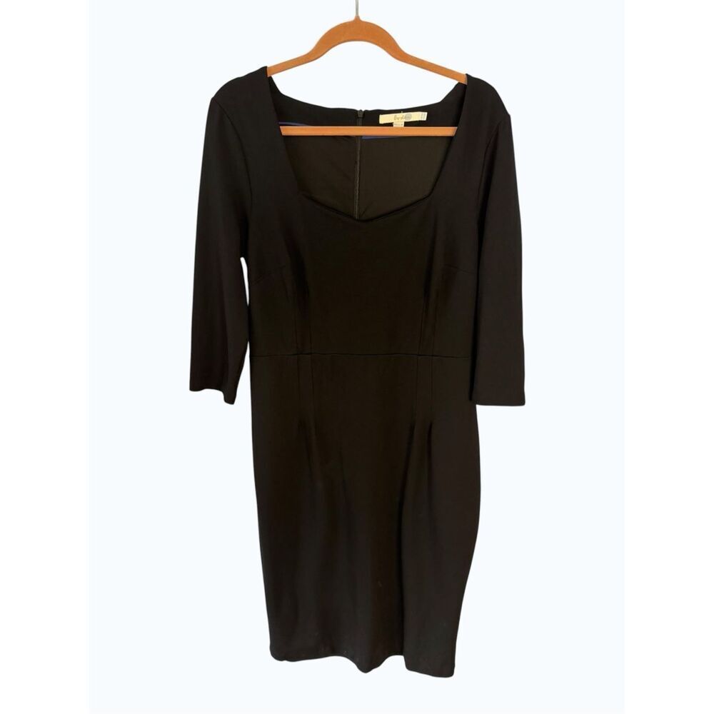 Boden Black Ponte Knit Sheath Dress US 12L UK 16L Square Neck 3/4 Sleeve WW206